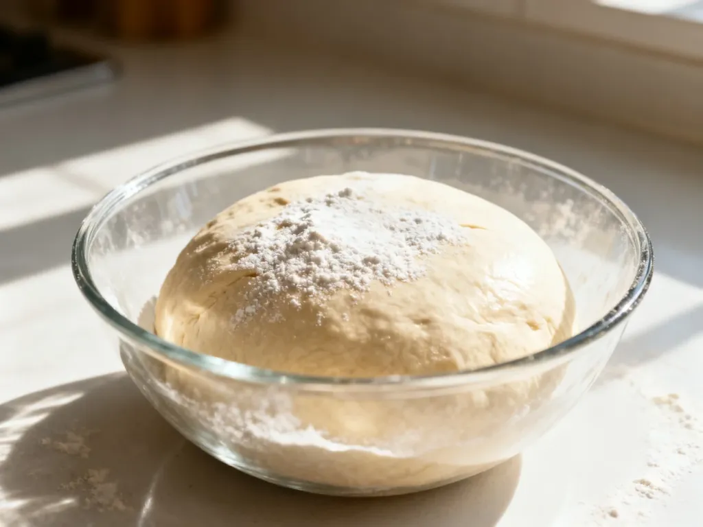 Kulka surowego ciasta na pizzę oprószona mąką w szklanej misce na jasnym kuchennym blacie.