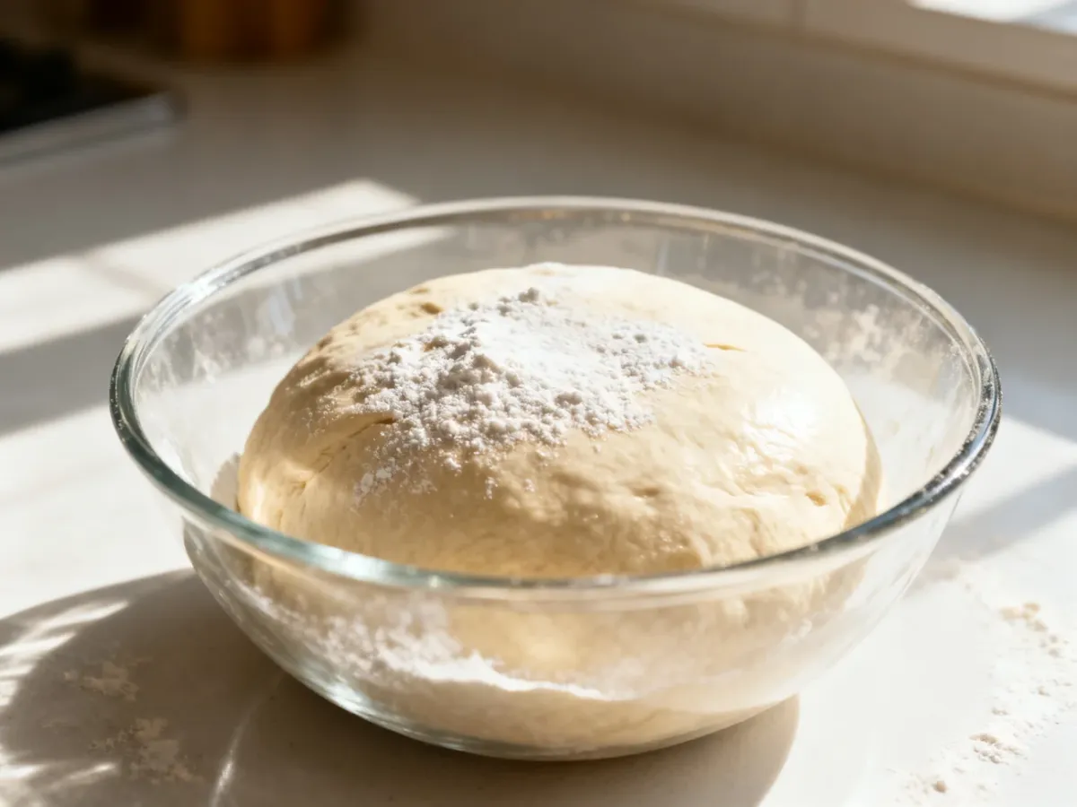 Kulka surowego ciasta na pizzę oprószona mąką w szklanej misce na jasnym kuchennym blacie.