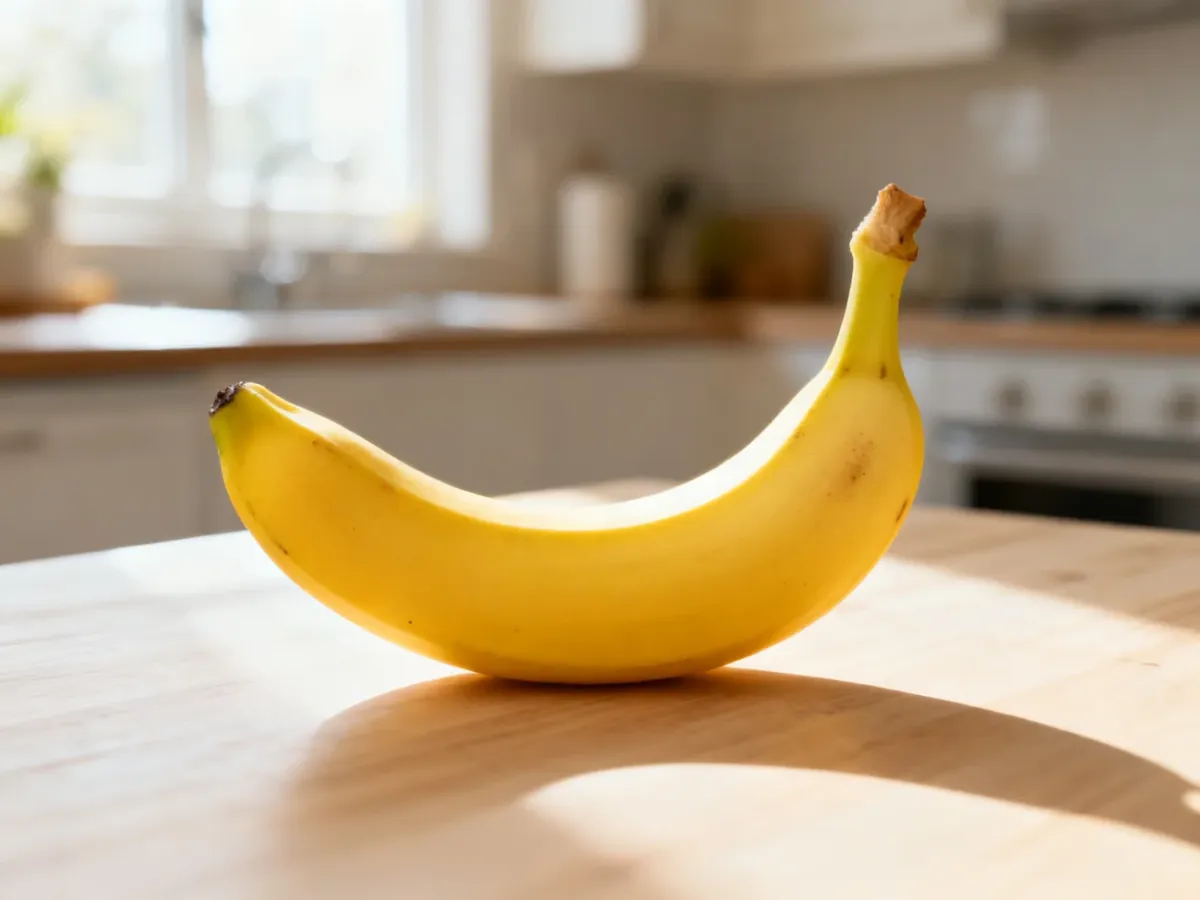 Żółty banan leżący na jasnym drewnianym blacie kuchennym w promieniach porannego słońca.