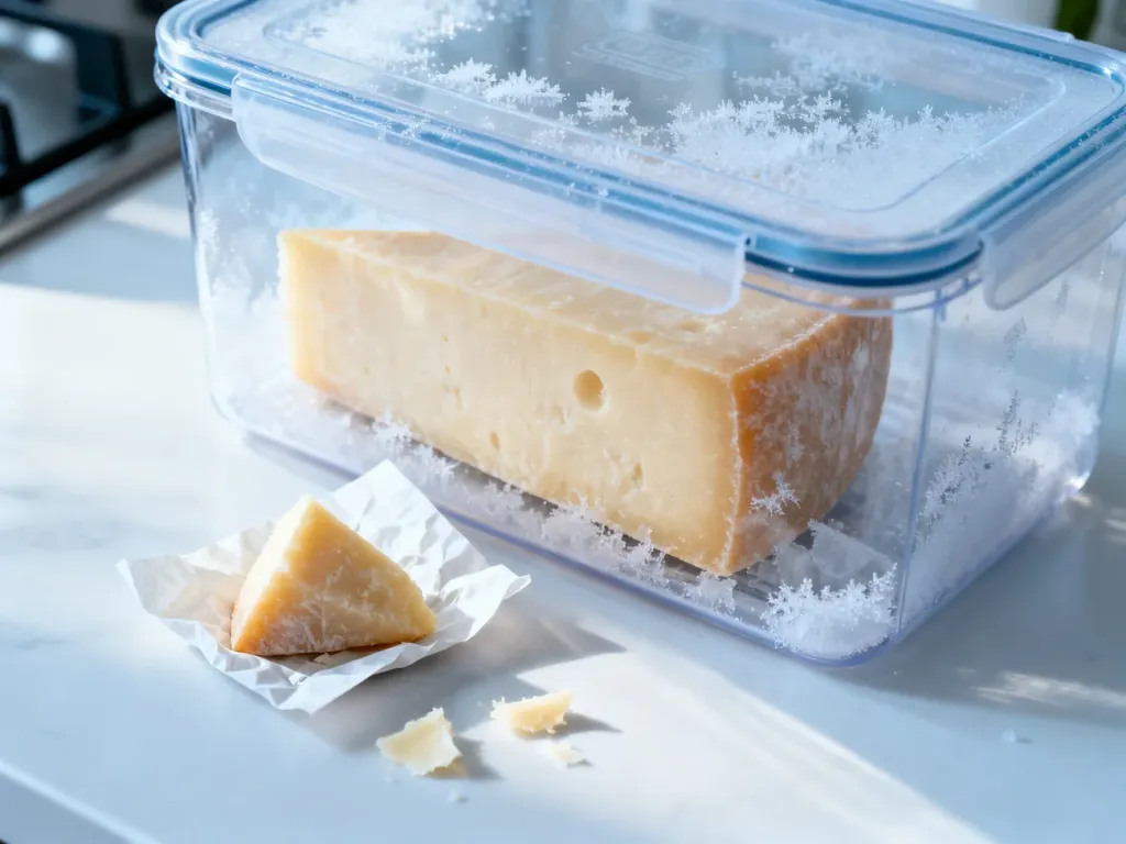 Kawałek parmezanu w szczelnym pojemniku oraz zawinięty w papier, gotowe do zamrożenia w domowej kuchni.