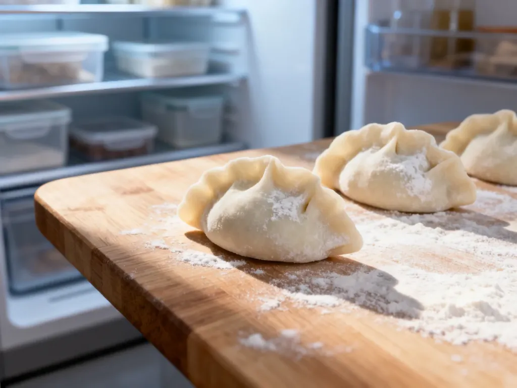 Ręcznie lepione pierogi na drewnianej desce na tle zamrażarki, gotowe do przechowywania.
