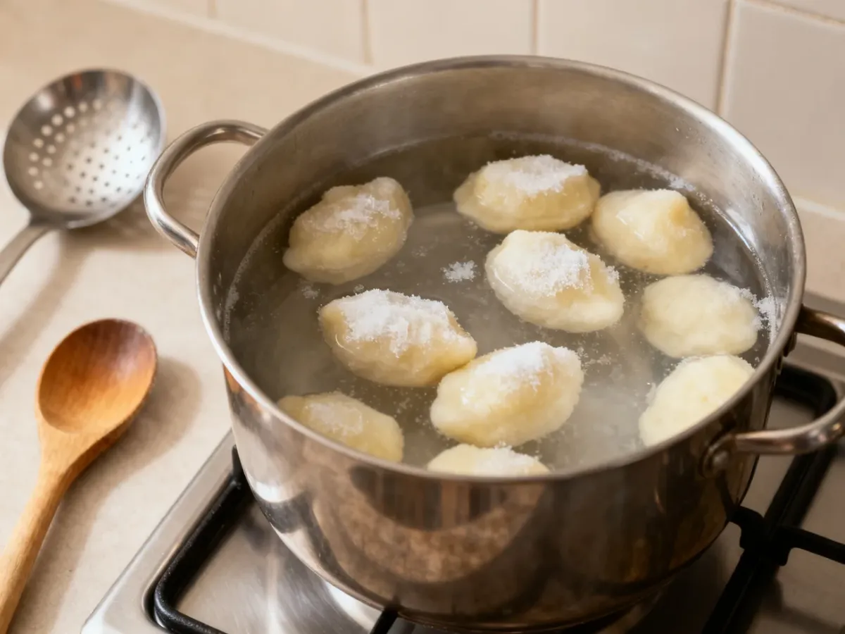 Mrożone kluski śląskie delikatnie gotujące się w garnku