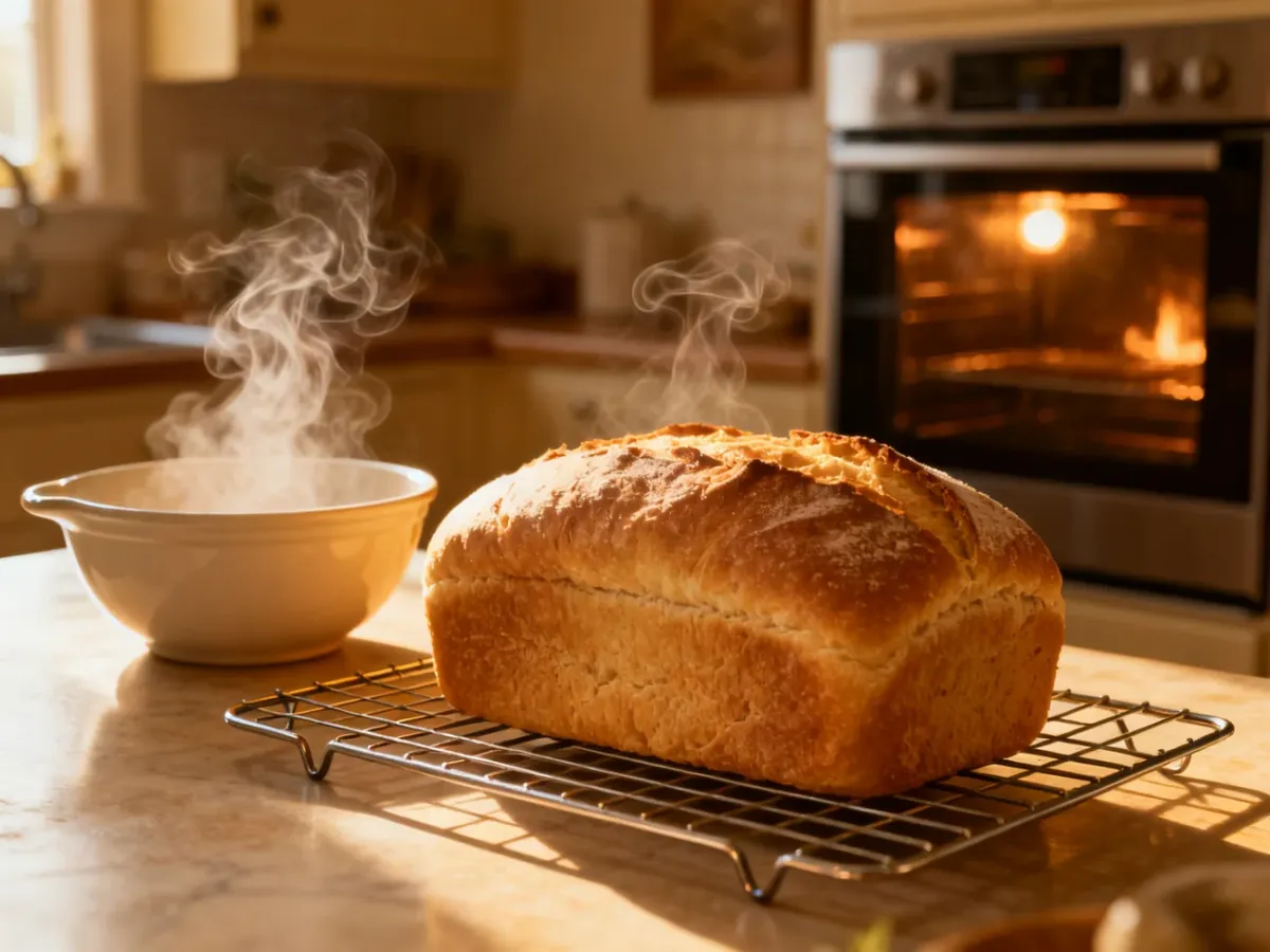 Rozmrożony bochenek chleba odświeżany parą w kuchni