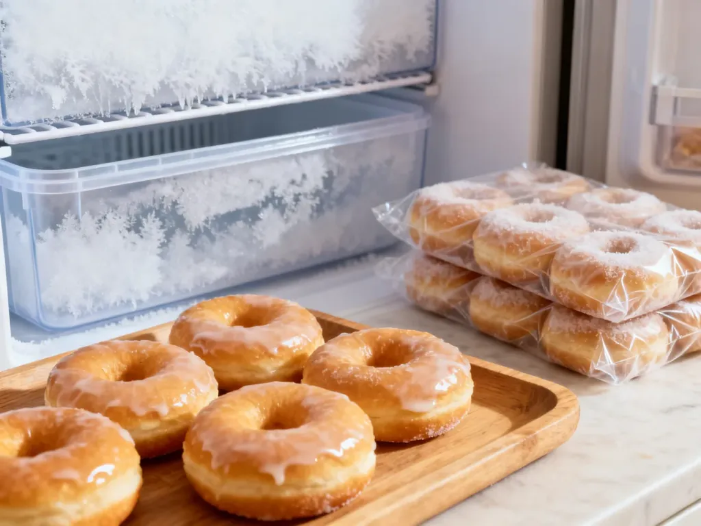 Świeże pączki na drewnianej tacy obok pojemnika i zapakowanych porcji przygotowanych do mrożenia.