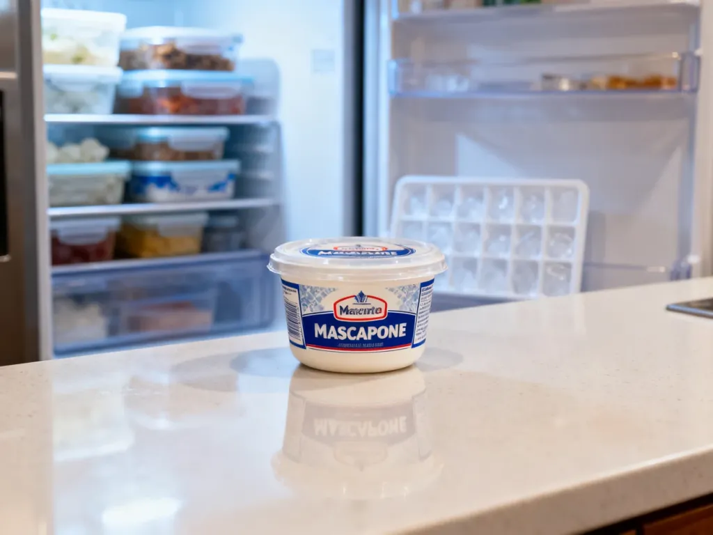 Zamknięte opakowanie serka mascarpone na blacie kuchennym na tle otwartej zamrażarki z uporządkowaną żywnością.