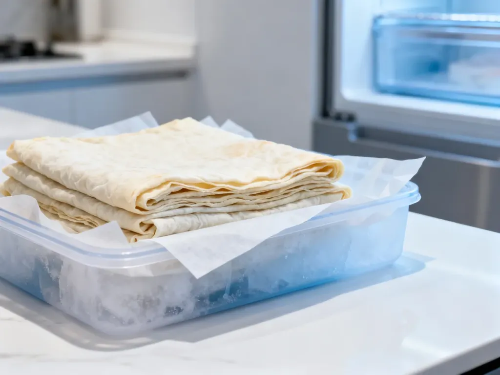 Starannie złożone płaty ciasta francuskiego owinięte w papier do pieczenia, przygotowane do przechowywania w zamrażarce.
