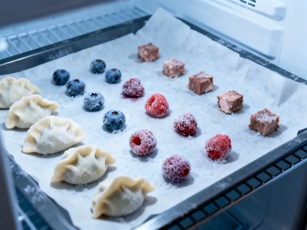 Pierogi, owoce i kawałki mięsa zamrażane osobno na tacce