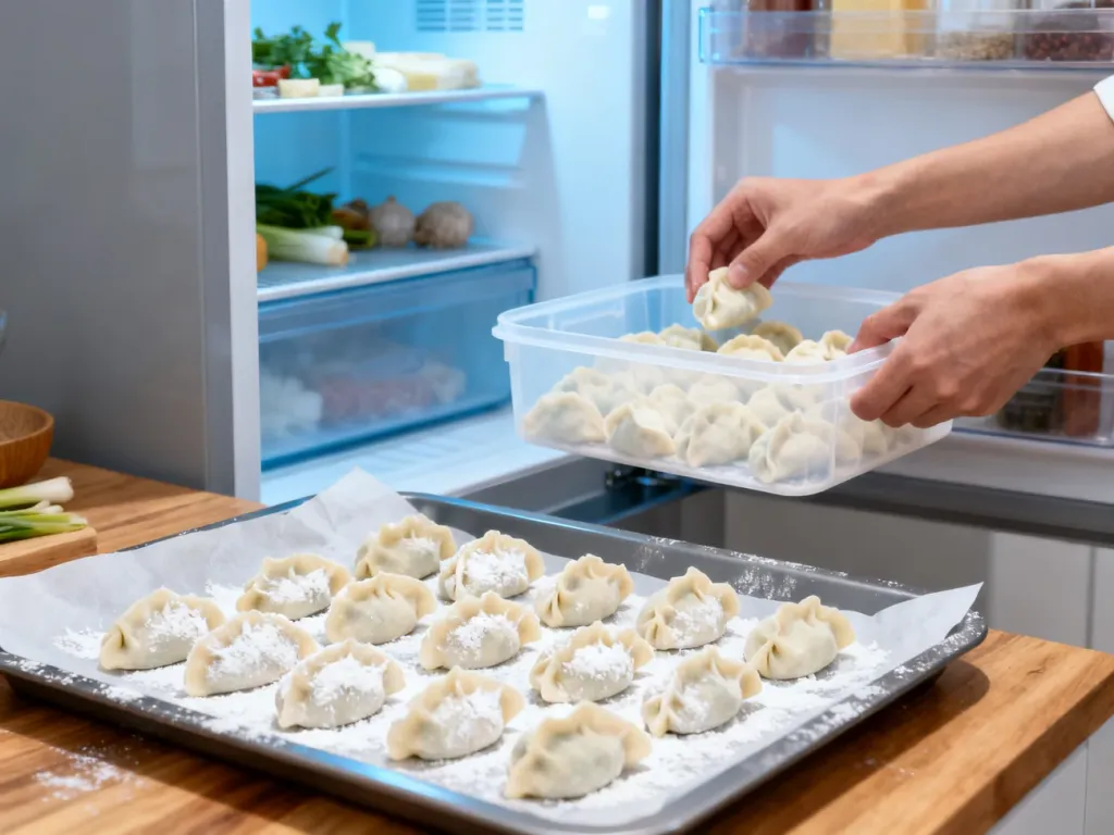 Domowe pierogi układane na tacy do zamrożenia oraz przekładane do pojemnika w nowoczesnej kuchni.