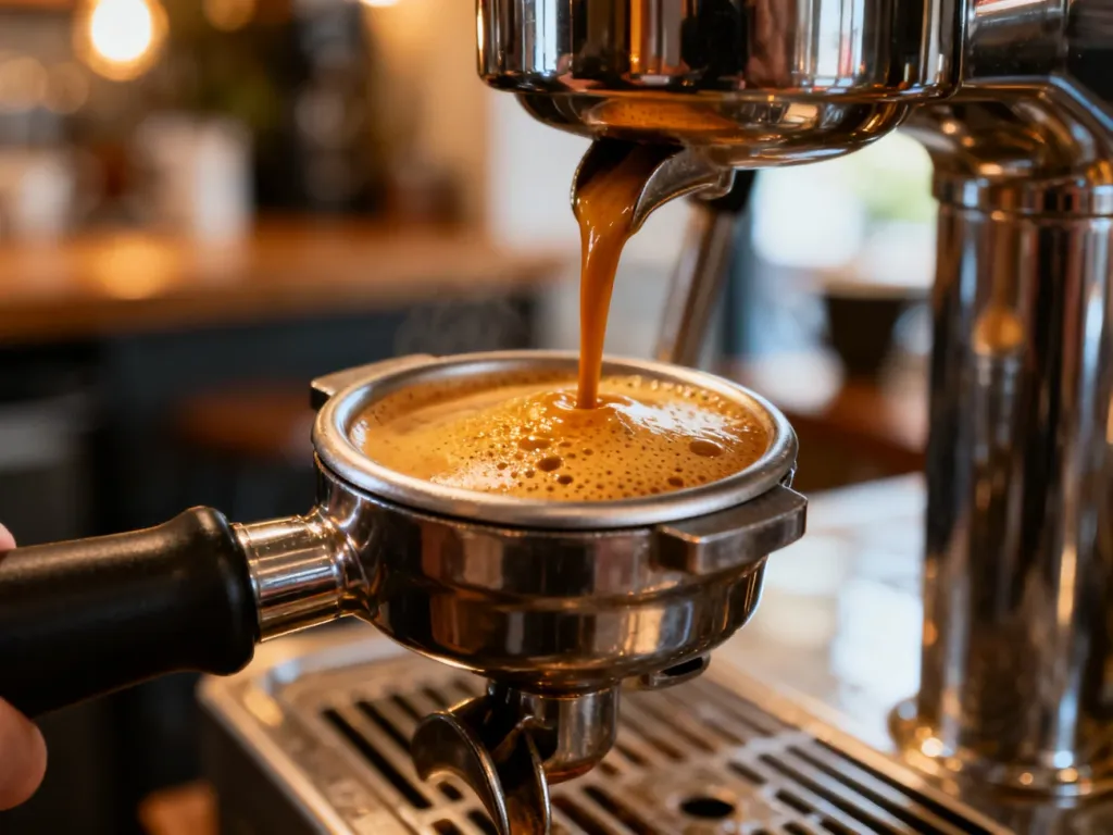 Zbliżenie na kolbę ekspresu z gęstą, złocistą cremą, która jest oznaką idealnie zaparzonego espresso.