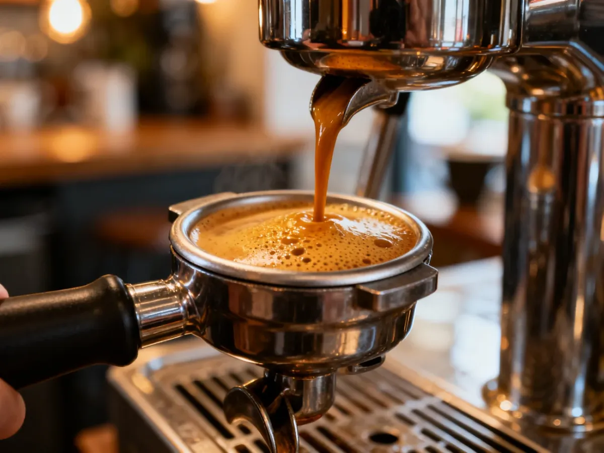 Zbliżenie na kolbę ekspresu z gęstą, złocistą cremą, która jest oznaką idealnie zaparzonego espresso.