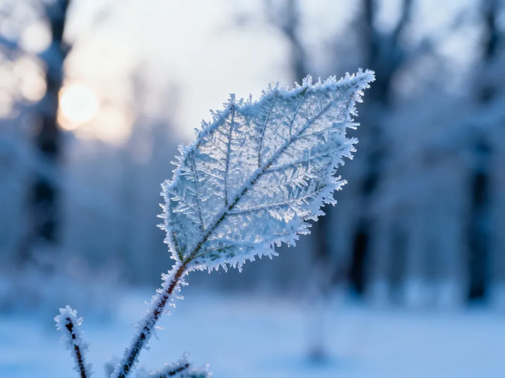 Zbliżenie na liść pokryty szronem z widocznymi kryształkami lodu, ilustrujące skutki niskich temperatur na rośliny.