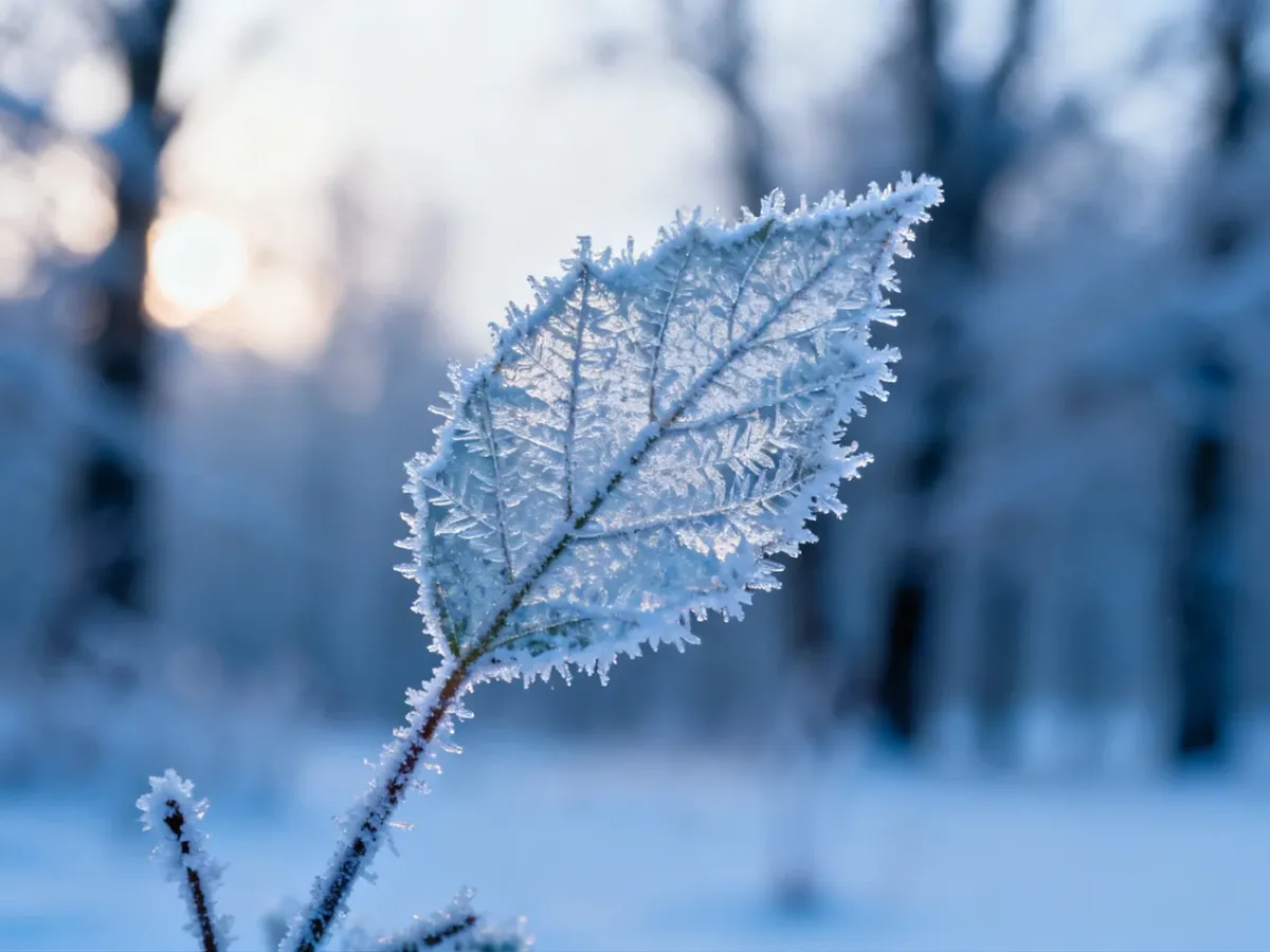 Zbliżenie na liść pokryty szronem z widocznymi kryształkami lodu, ilustrujące skutki niskich temperatur na rośliny.