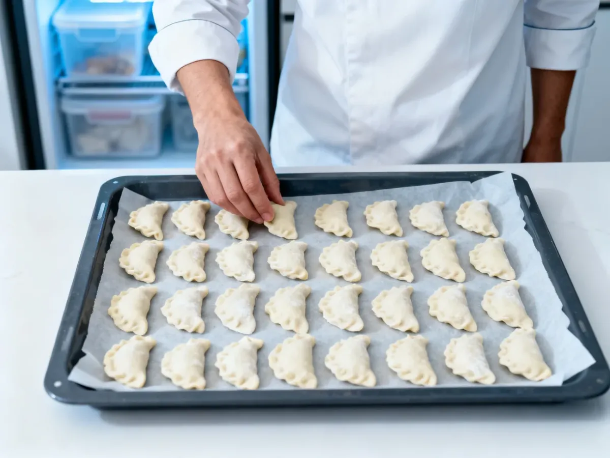Surowe pierogi ułożone osobno na tacce przed zamrożeniem