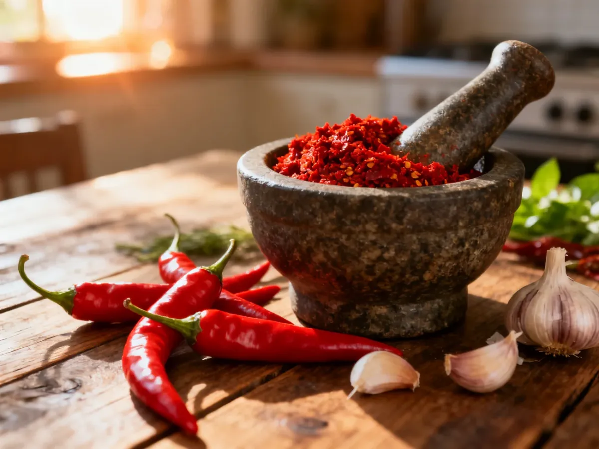Świeża pasta harissa w moździerzu obok papryczek chili i czosnku na drewnianym stole. Przygotowanie domowej przyprawy.
