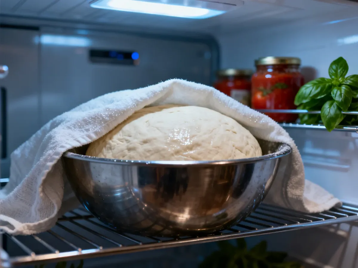 Kula ciasta na pizzę przykryta ściereczką w misce, umieszczona na półce w lodówce w celu wyrastania.