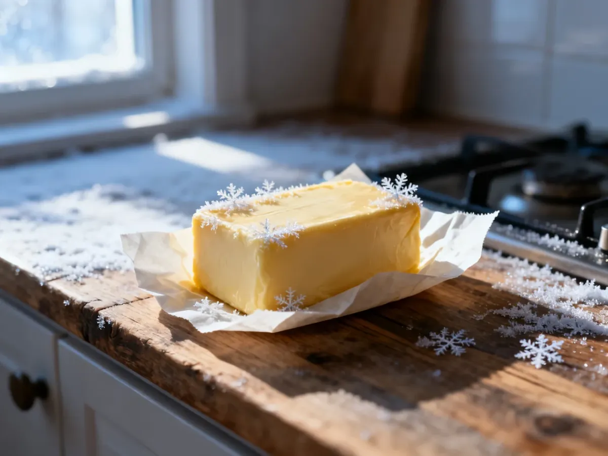 Kostka masła owinięta w papier pergaminowy, pokryta szronem, leżąca na drewnianym blacie kuchennym.
