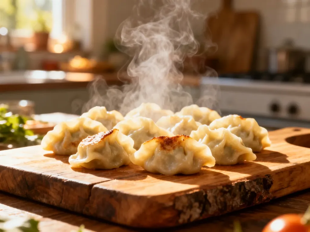 Świeżo ugotowane, parujące pierogi na drewnianej desce w przytulnej kuchni.