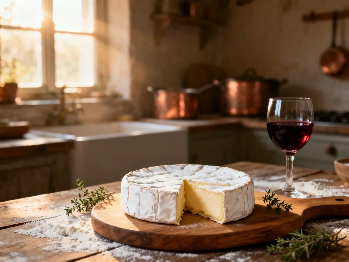 Domowy ser camembert z białą pleśnią na drewnianej desce, podany z gałązkami tymianku i kieliszkiem czerwonego wina.