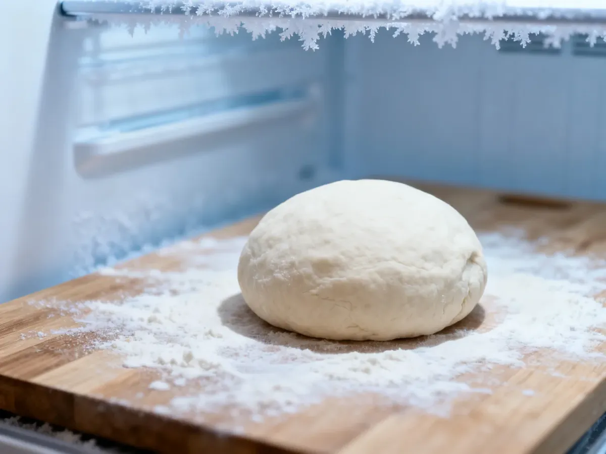 Surowa kula ciasta na pierogi na oprószonej mąką desce, w tle widoczna zamrażarka gotowa do przechowywania.