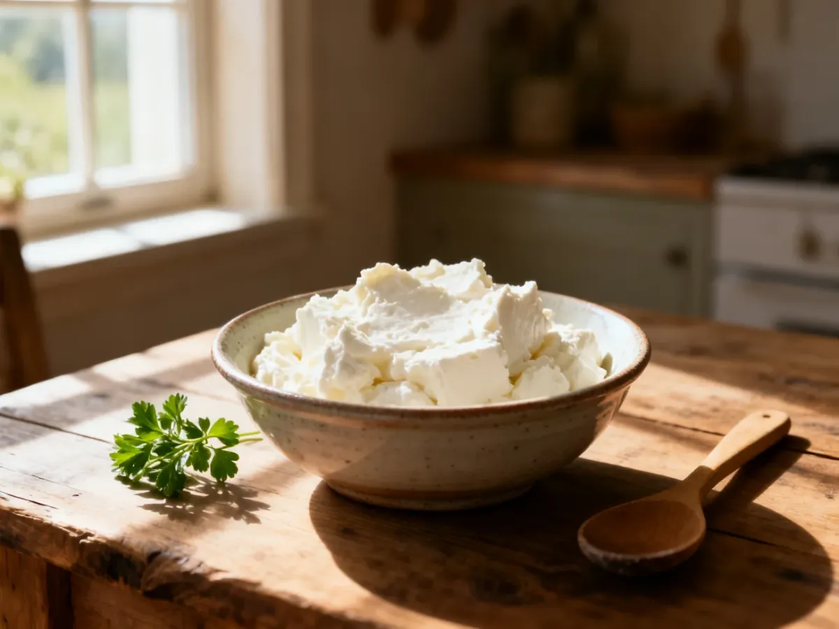 Domowy serek fromage w ceramicznej miseczce na drewnianym stole, udekorowany świeżymi ziołami w rustykalnej kuchni.