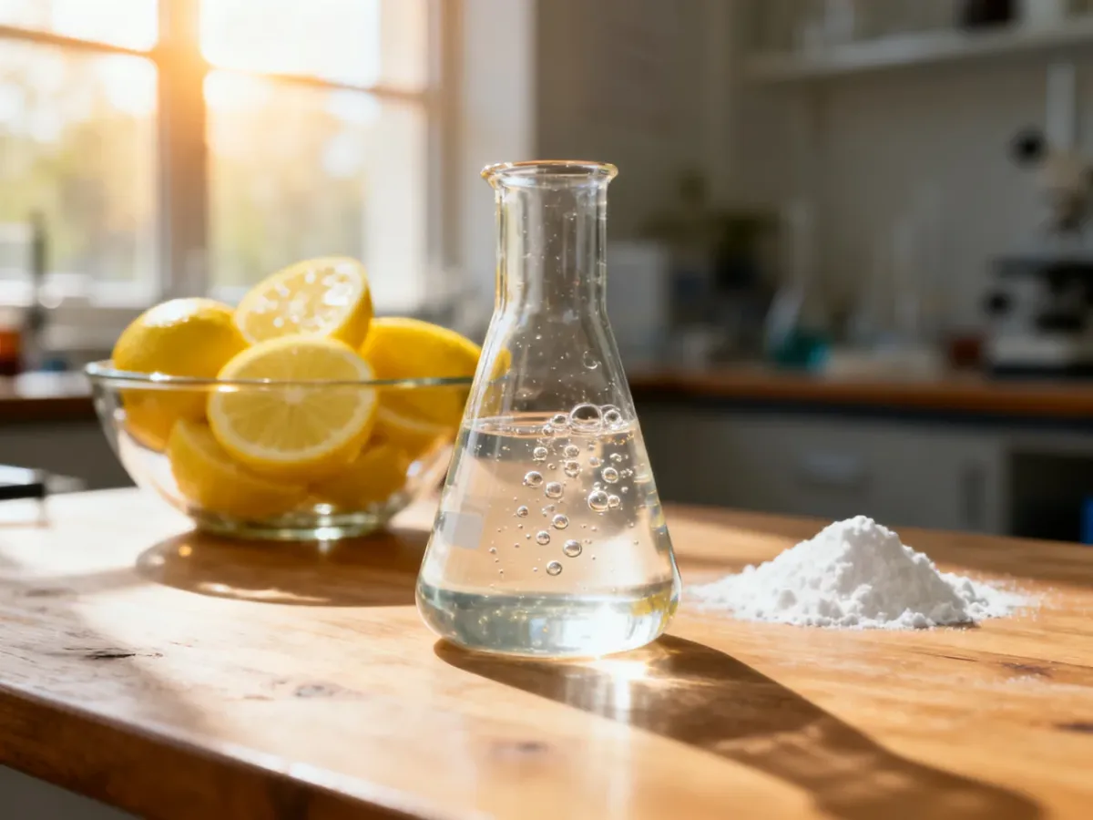 Szklana zlewka z pieniącym się roztworem chemicznym obok cytryn i białego proszku na drewnianym stole laboratoryjnym.