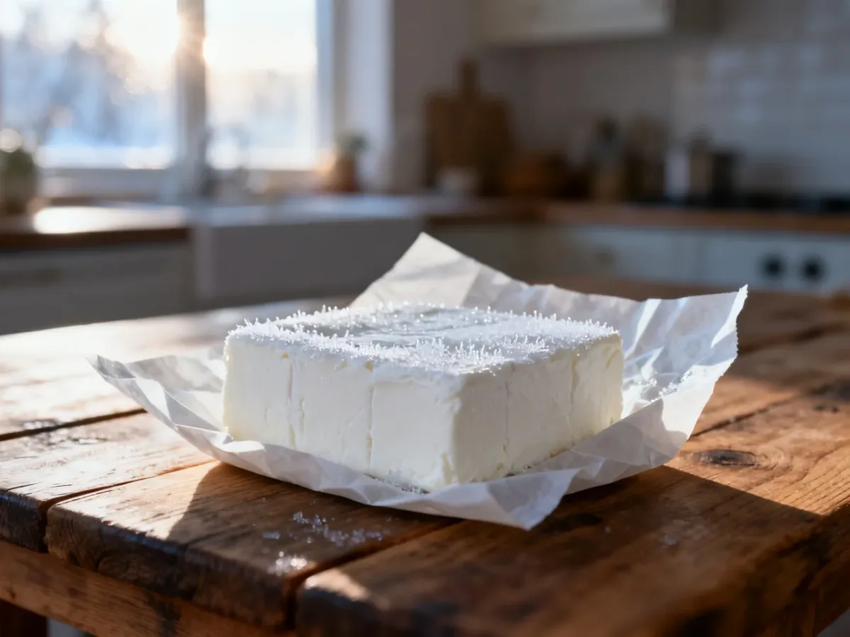 Kostka twarogu owinięta w papier pergaminowy z widocznymi kryształkami lodu, leżąca na drewnianym stole kuchennym.