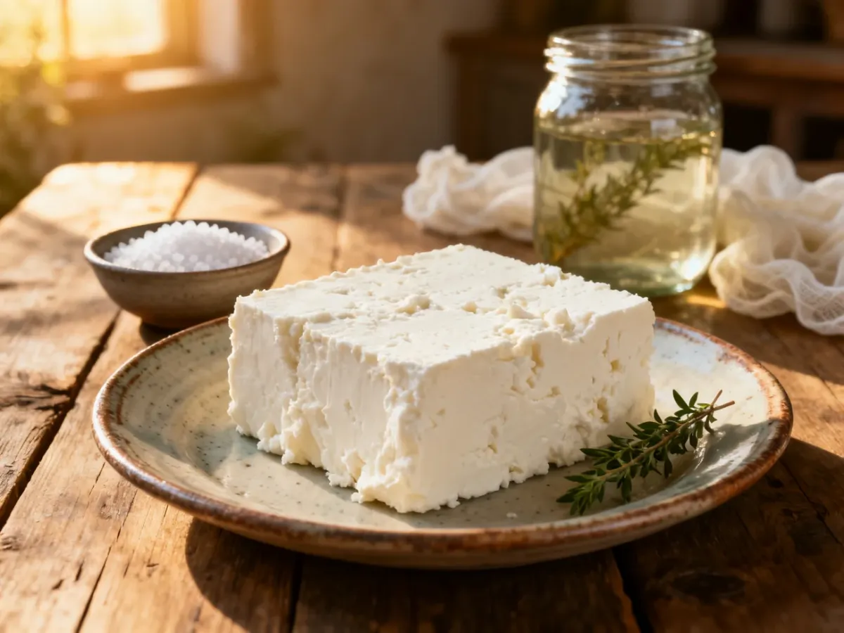 Kawałek domowego sera feta na ceramicznym talerzu, obok sól morska i świeże zioła w słonecznej kuchni.