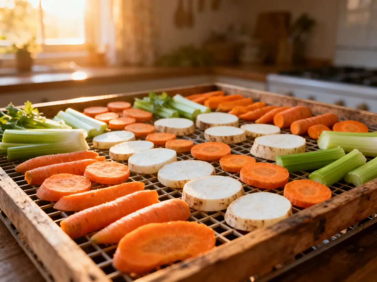 Pokrojone warzywa korzeniowe, takie jak marchew i seler, ułożone na drewnianej tacy do suszenia w domowej kuchni.