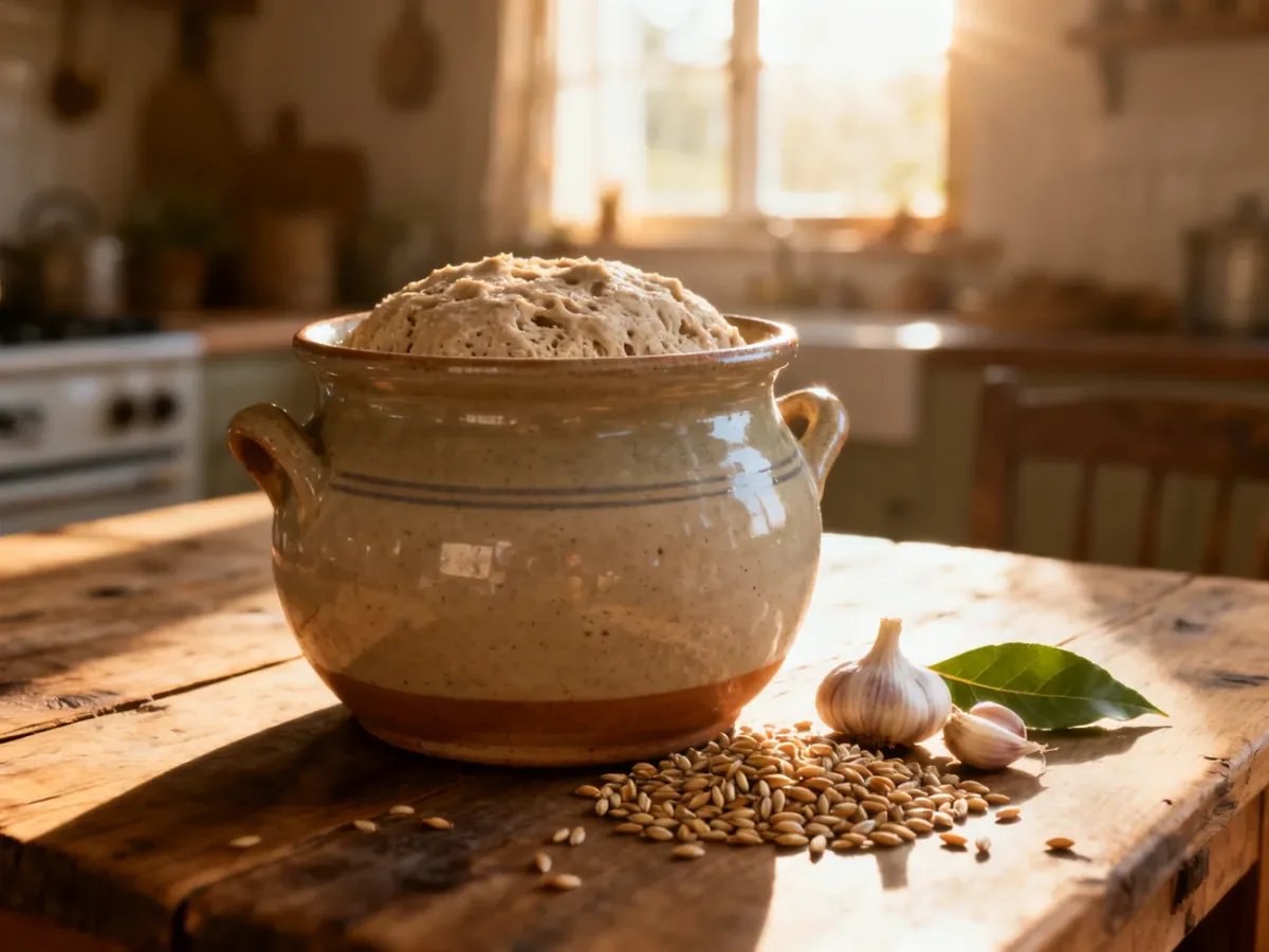 Ceramiczny garnek z zakwasem żytnim na żurek, otoczony ziarnami żyta, czosnkiem i liściem laurowym na drewnianym stole.