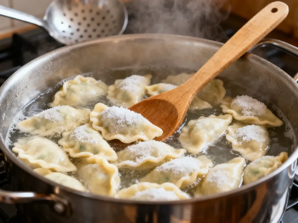 Mrożone pierogi delikatnie gotowane w dużym garnku