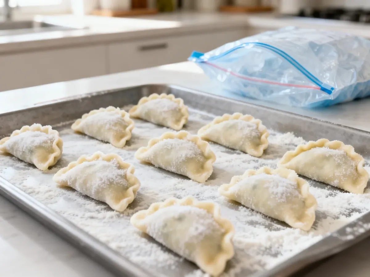 Pierogi ułożone osobno na oprószonej mąką tacce przed zamrożeniem