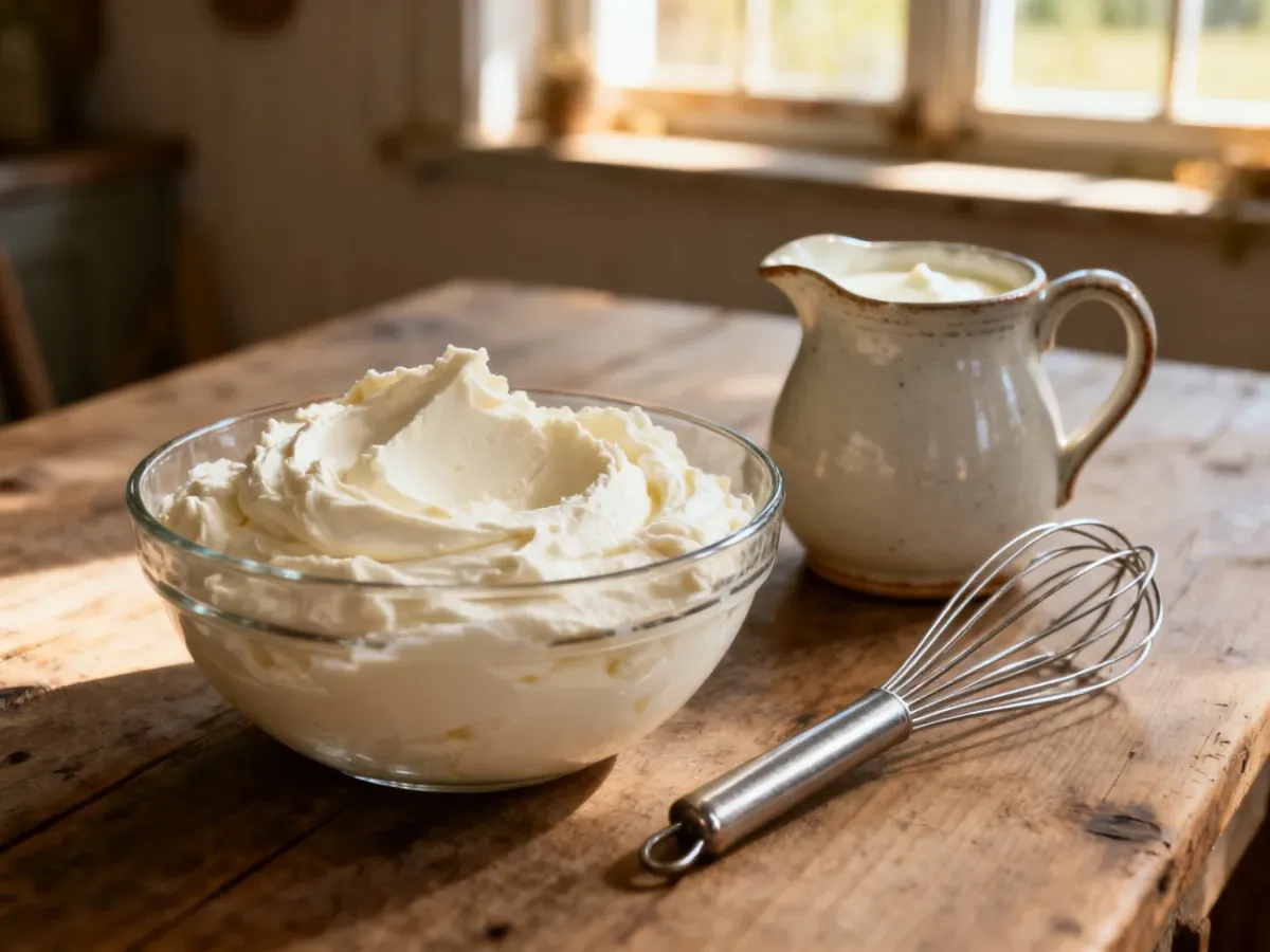 Szklana miseczka z domowym serkiem mascarpone na drewnianym stole, obok dzbanek ze śmietanką i trzepaczka w słonecznej kuchni.