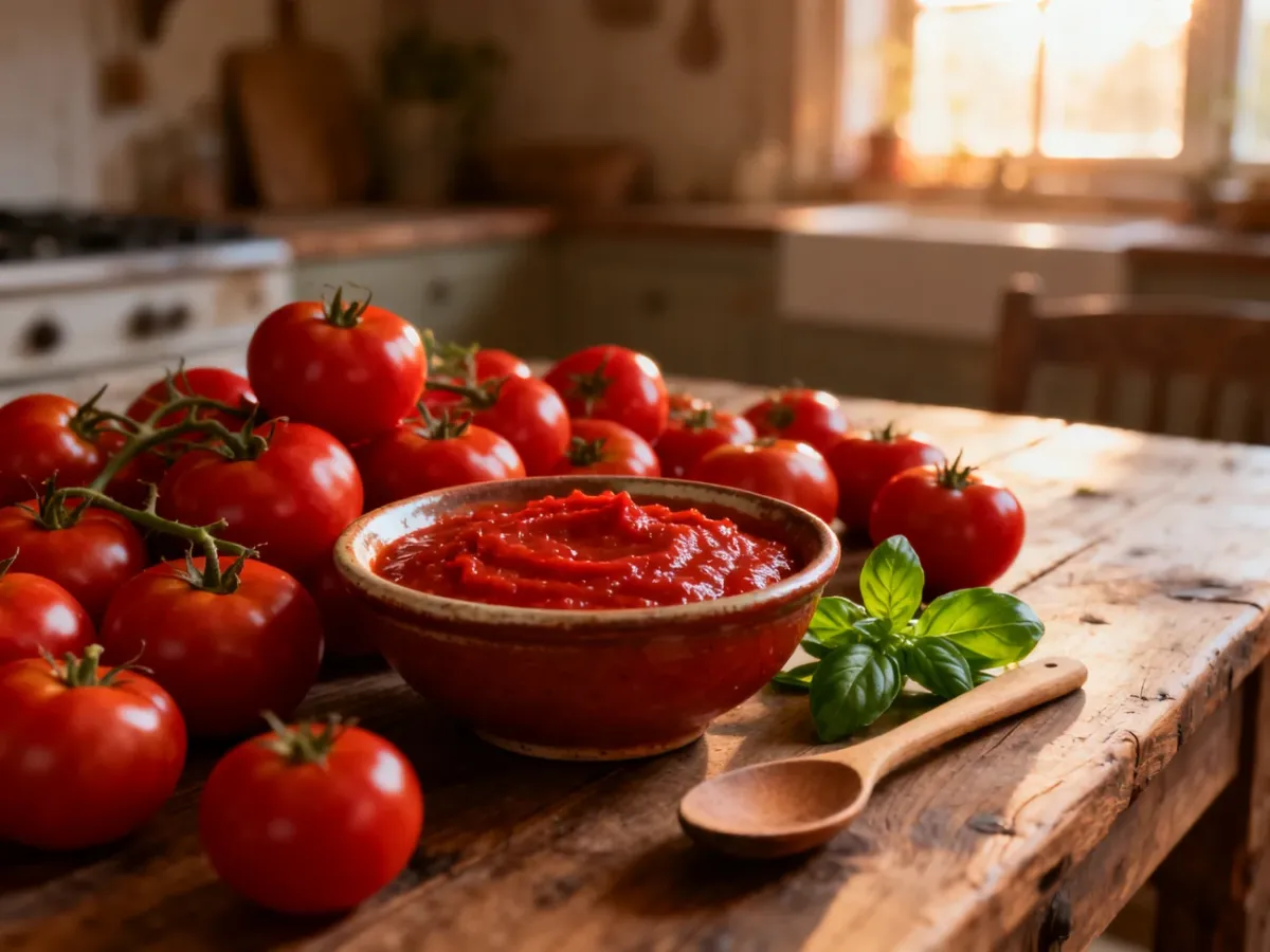 Świeże pomidory, domowy koncentrat w miseczce oraz bazylia na drewnianym stole w słonecznej, rustykalnej kuchni.